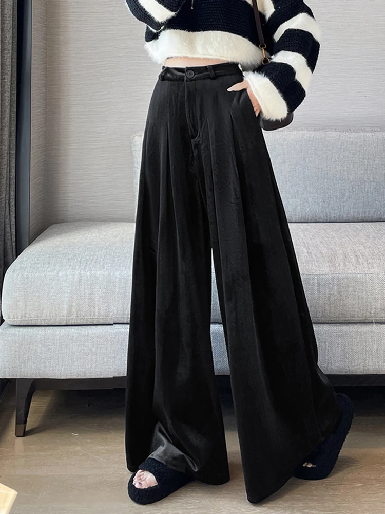 بنطلون نسائي واسع الساق من القطيفة الذهبية بخصر مرتفع وتصميم منسدل، سروال فضفاض بطول الأرض للخريف والشتاء، تصميم جديد أنيق