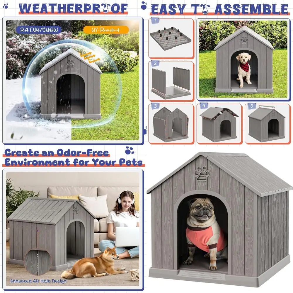 

Всепогодный пластиковый домик для собак с вентиляционными отверстиями и приподнятым полом для маленьких и средних собак, легко чистится и собирается, серый