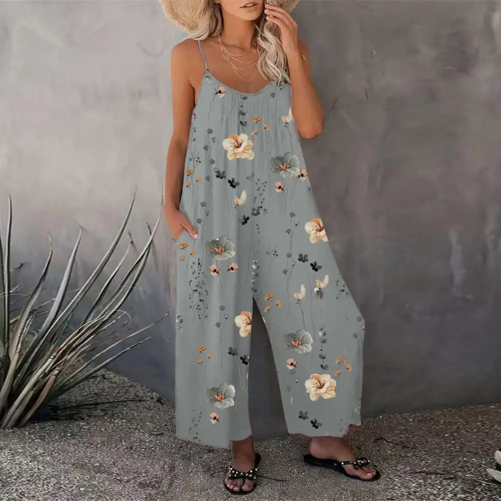 Adjustable Spaghetti Strap Women Jumpsuit Floral Print Vacation Jumpsuit Adjustable Spaghetti Strap Backless Sleeveless Wide Leg