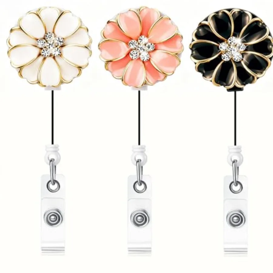 

3 Pack ID Badge Holder with Camellia, Bling Rhinestone RN Badge Reel Retractable, Women Nurse Badge Holder Retractable Alligato