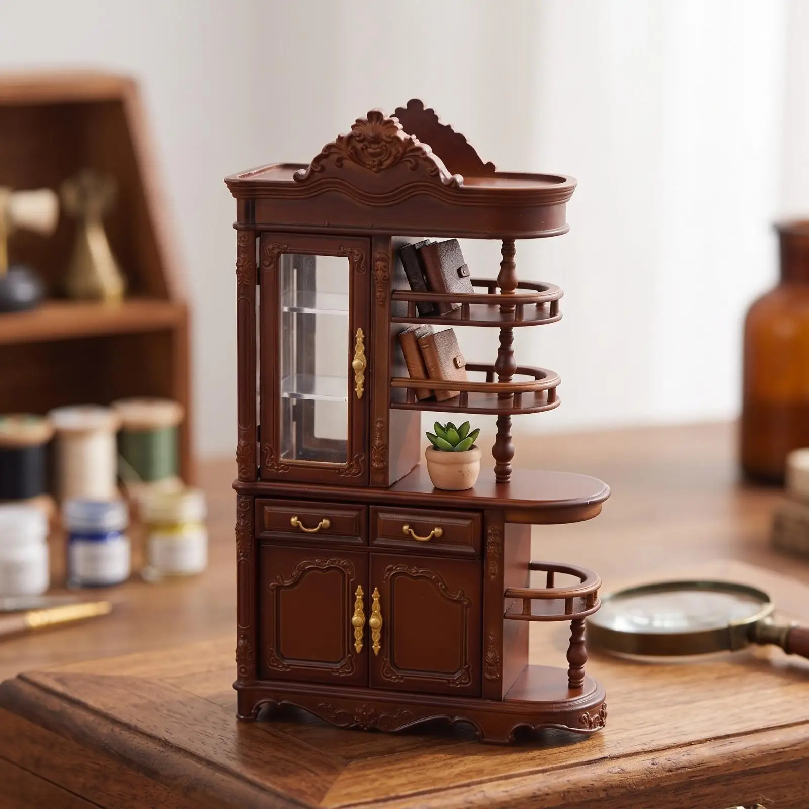 Tiny Display Cabinet Dollhouse Miniature Furniture with Opening Doors and Drawers for Collectible Toy Scenes Tiny Display Cabinet Dollhouse Miniature Furniture with Opening Doors and Drawers for Collectible Toy Scenes