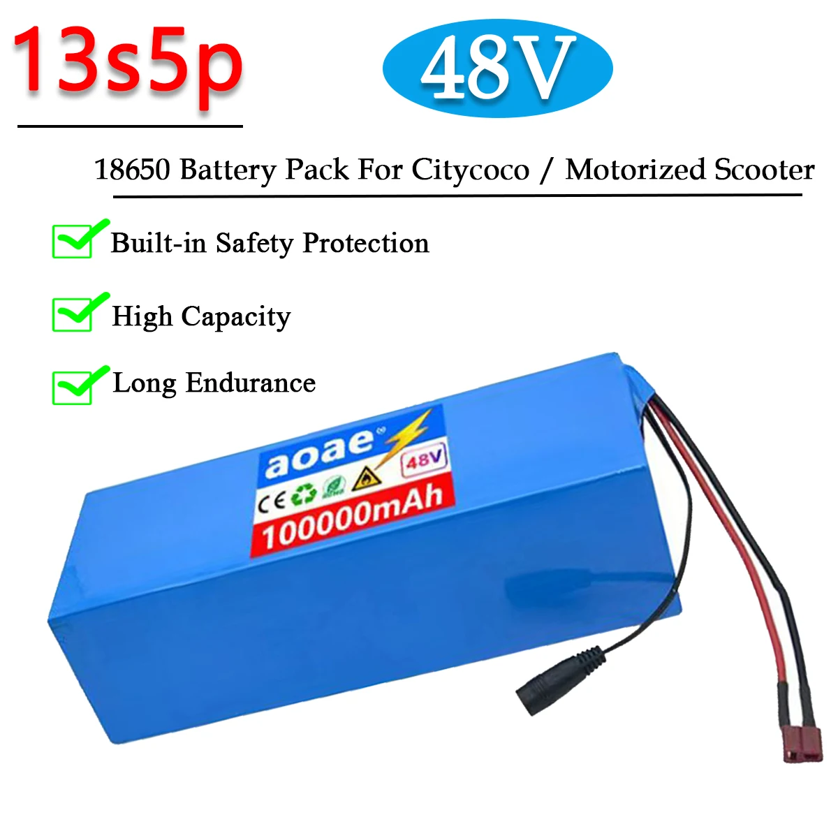 

13S5P 48V 100000mAh Battery 18650 Lithium Battery Pack 1500W Electric Bicycle Battery Built in 30A BMS Long Range Safe &Durable