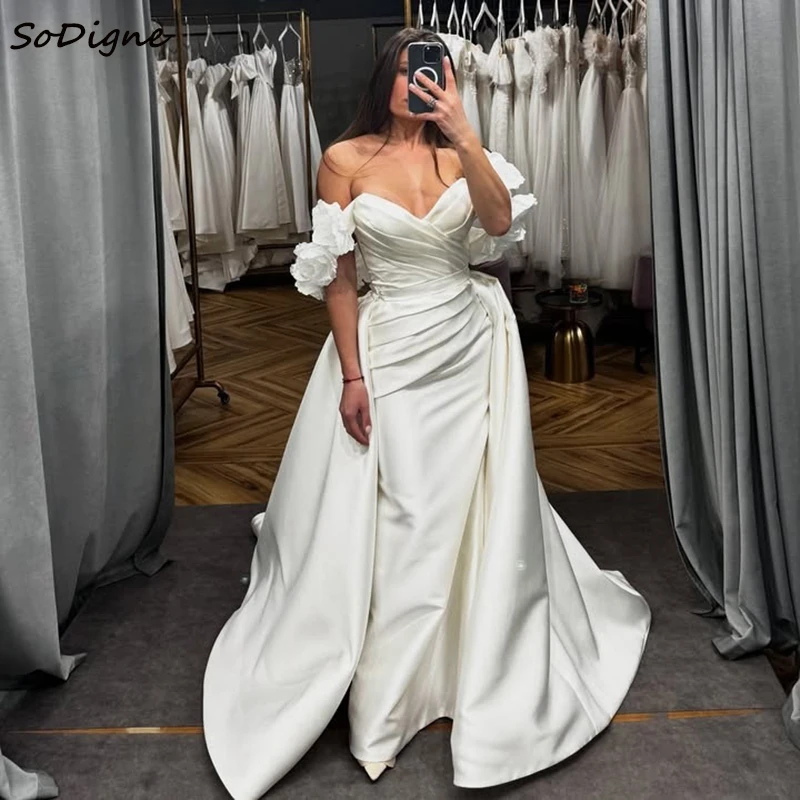 

SoDigne Mermaid Off Shoulder Wedding Dresses Sweetheart Satin Bridal Dress Detachable Train Bride Gown Robe De Mairee ﻿Customize