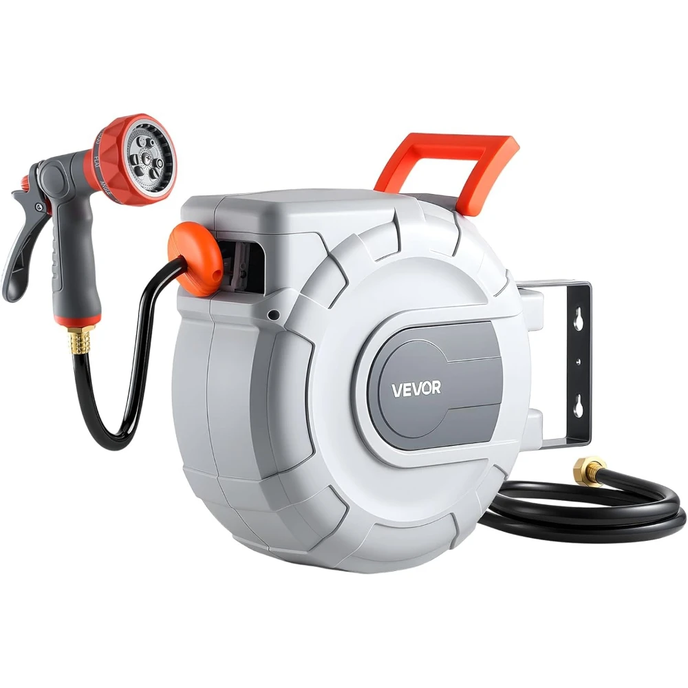 

1/2In×50Ft Wall Mounted Retractable Garden Hose Reel 9‑Function Sprayer Nozzle 180°Swivel Bracket Any Length Lock Automatic Slow Rewind For Garden Watering