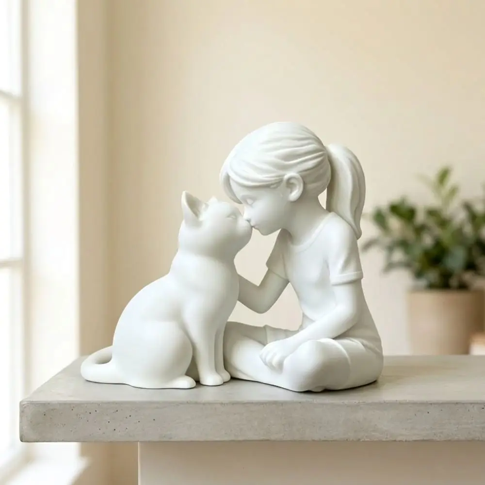 3D Printed Girl and Cat Sculpture Unique Plastic Girl Cat Friendship Statues Crafts Cute Animal Girl Cat Ornaments Living Room