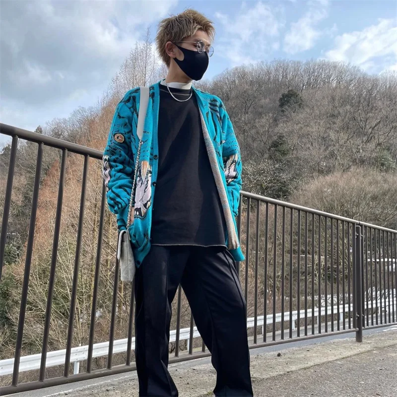 Suéter Vintage con estampado de tigre para hombre y mujer, suéteres de punto informales holgados con cuello de pico japonés, ropa de gran tamaño