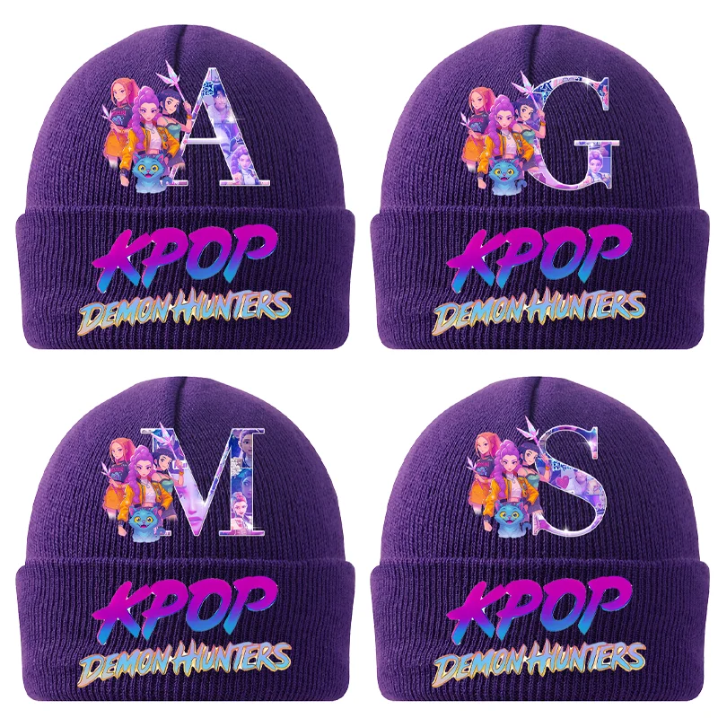 

KPop Demon Hunters Baby Knitted Hat Outdoors Windproof Cap A-Z Letters Purple Winter Warm Casuals Cute Beanie Travel Wool Bonnet