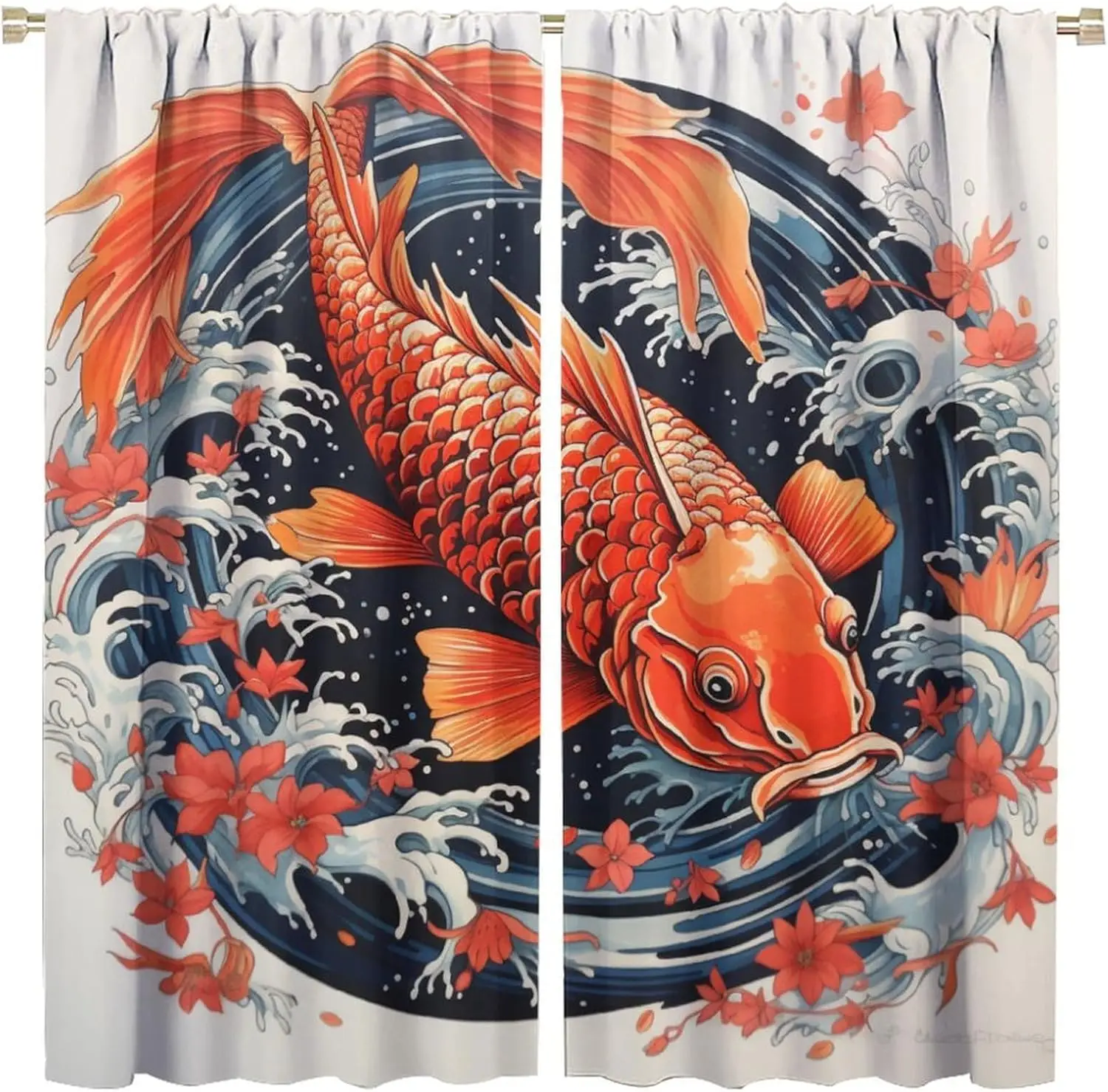 Cortina de pez Koi japonés, contorno Koi de onda grande, arte floral ondulado de estilo asiático, cortina de carpa para habitación, puerta oscura y ventana, bolsillo para poste C