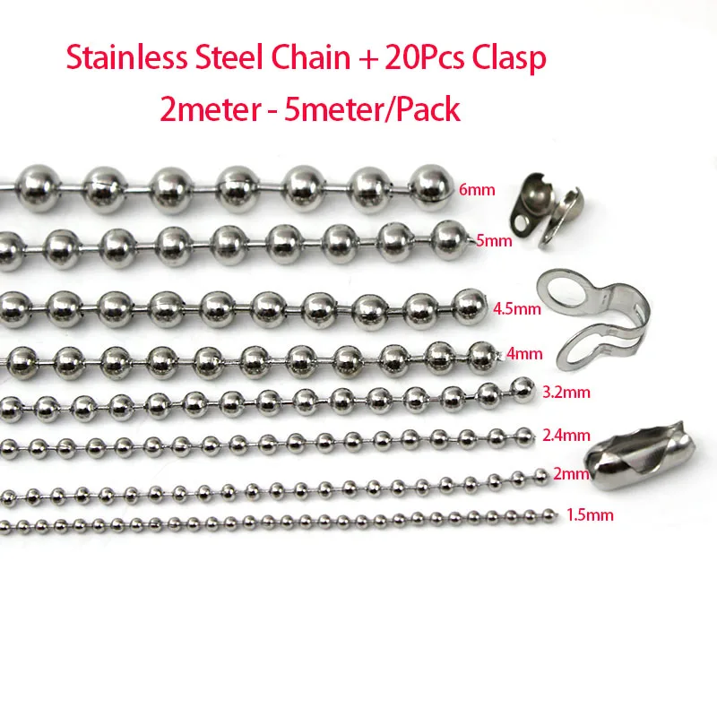 2-5Meter/Lot Stainless Steel Ball Chain Necklaces Making with 20Pcs Clasp Connectors / for Keychain DIY Jewelry Making Wholesale