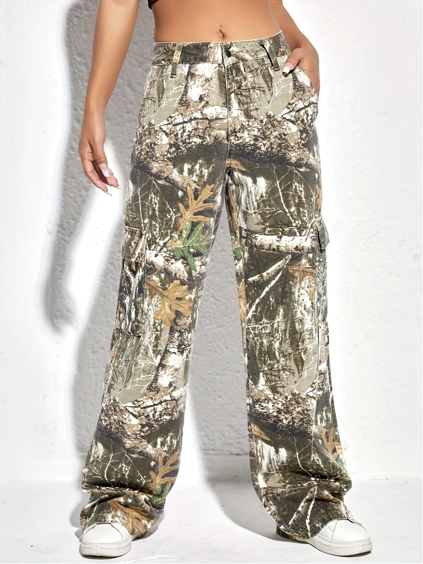 Autumn Fashion Camouflage Print Straight Pants Women High Waisted Button Pocket Loose Trousers Casual Female Sporty Bottoms