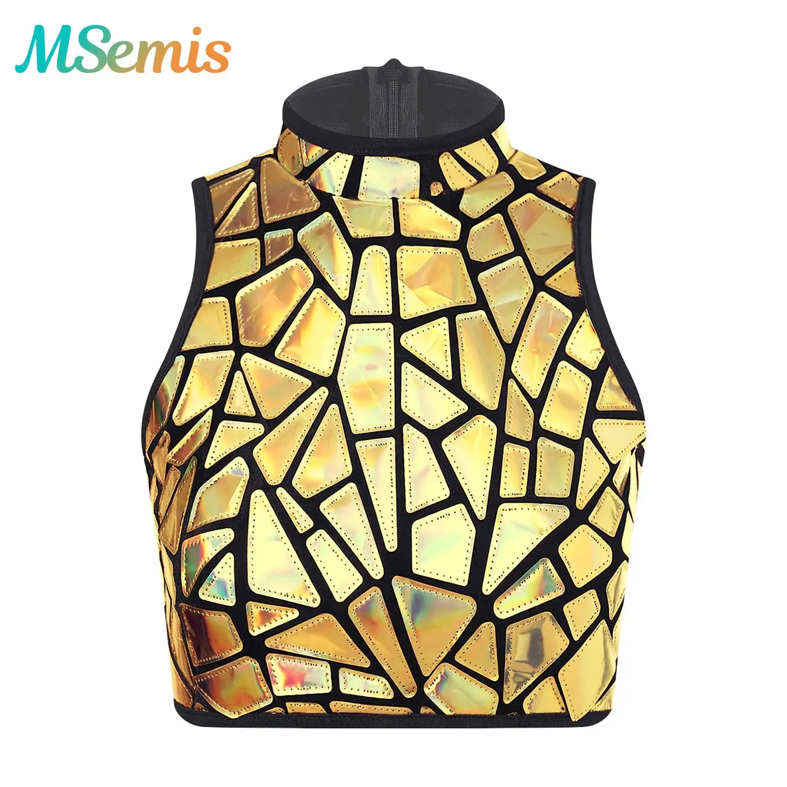 

Womens Sequins Iridescent Shiny Tank Top Holographic Print Mock Neck Back Zipper Crop Vest Stage Costume Rave Party Clubwear