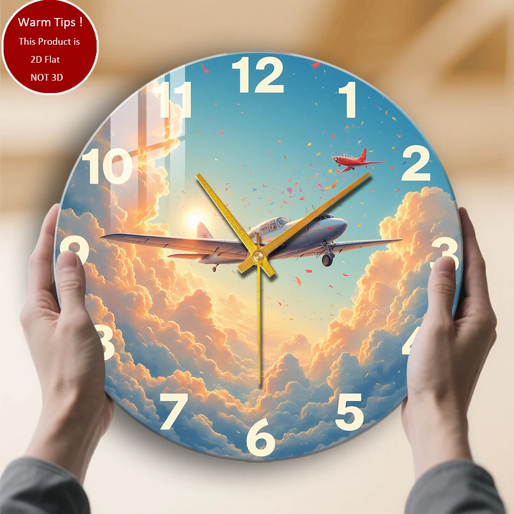 Relógio de parede de vidro temperado avião nuvens sol confete relógio adequado para decoração de parede ou exibição de mesa em qualquer lugar