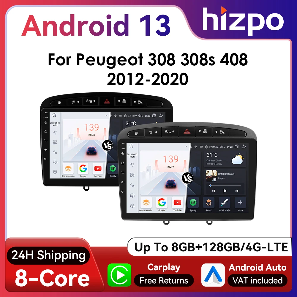 Hizpo 2Din Wirless CarPlay Android Auto Car Radio for 308 308S 408 2012 - 2020 UI7862 Headunit DSP RDS BT 4G GPS Navi 360° CAM