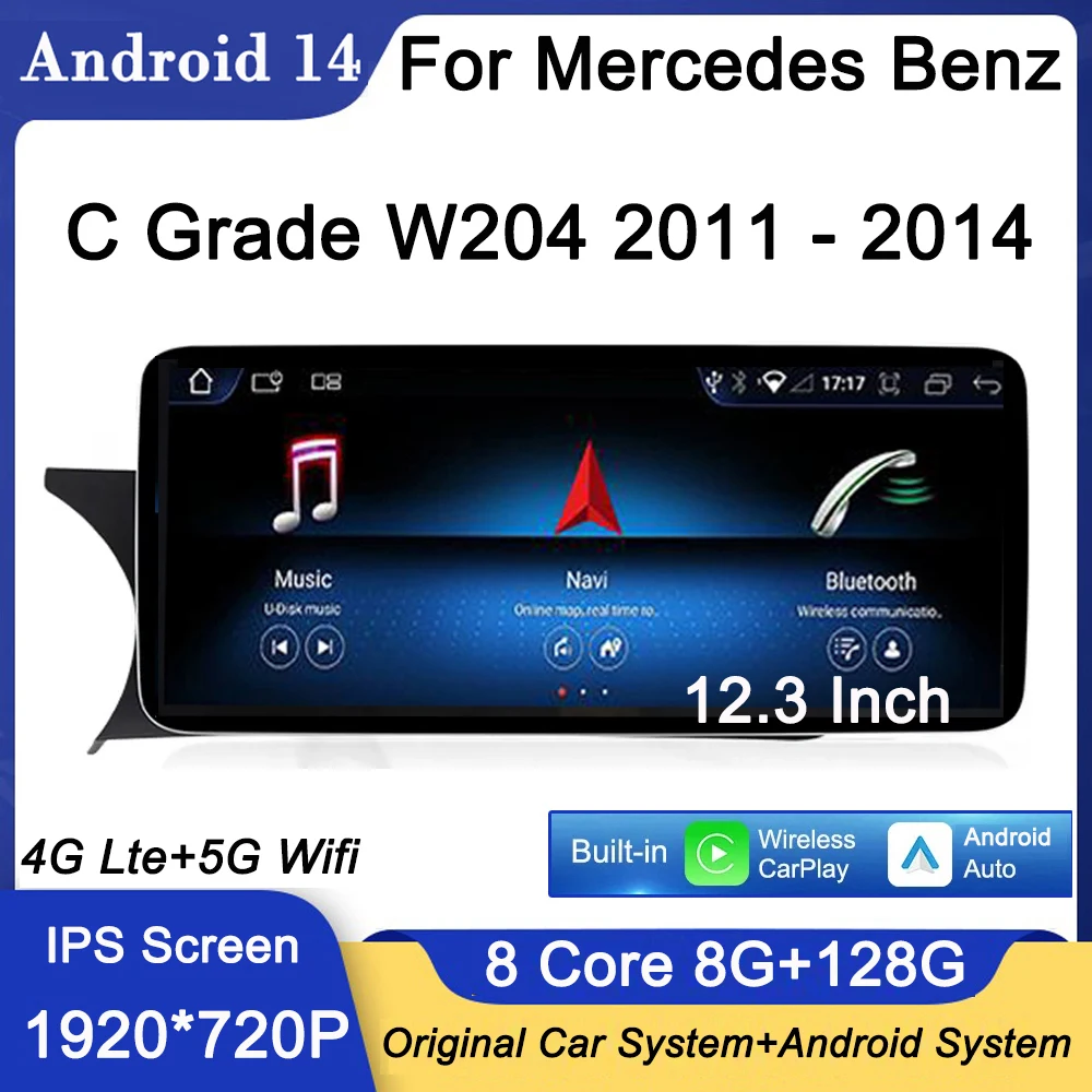 12,3 inch IPS scherm Android 14 voor Mercedes Benz C klasse W204 2011-2014 auto video radio stereo GPS-navigatie NTG 4.5 systeem