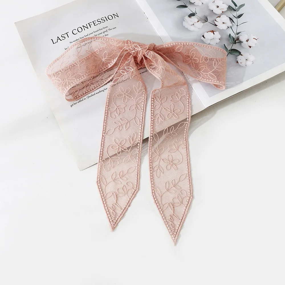 

Cute Elegant Thin Women Narrow Long Scarf Korean Version 140cm Lace Scarf Y2k Embroidered Flower Ribbon Waistband Summer
