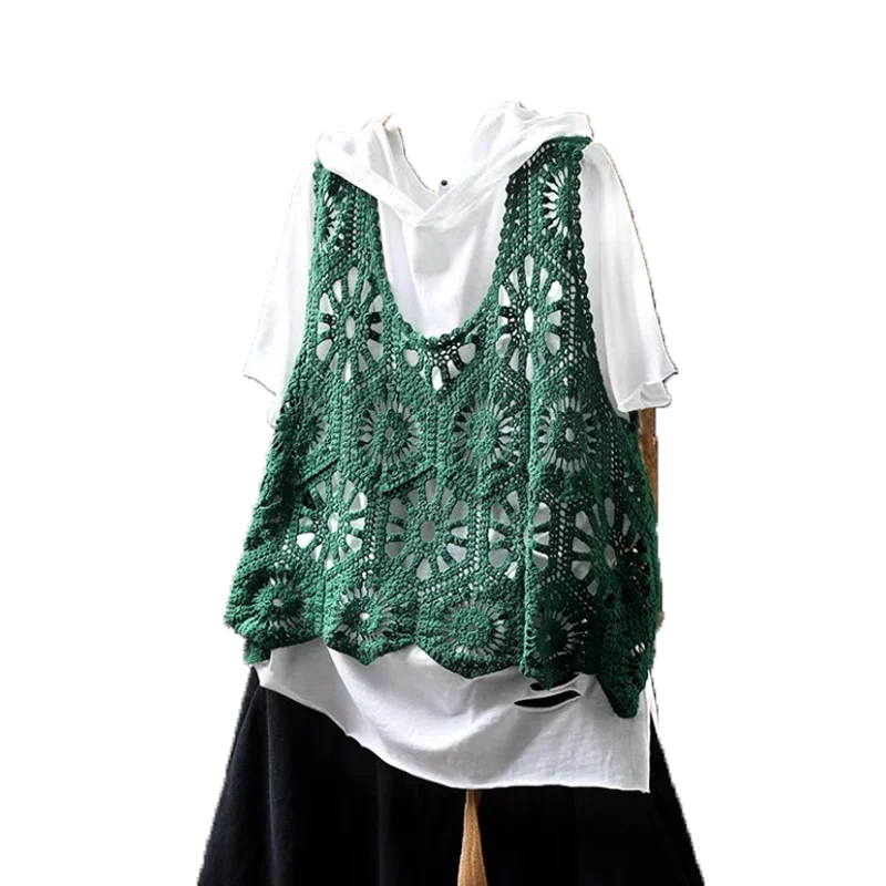 

plus Size Women's Knitted Vest Top Hollow out Floral Embroidery Loose Tank Top T-irt Belly Cover Spring Summer Faion