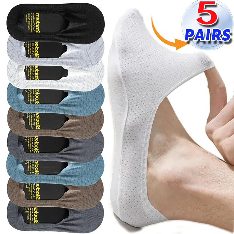 

Hollow Out Invisible Summer Men's Socks 1/5pairs Mesh Boat Ice Silk Non Slip Ankle Sock Slippers Cotton Bottom Low Cut Socks