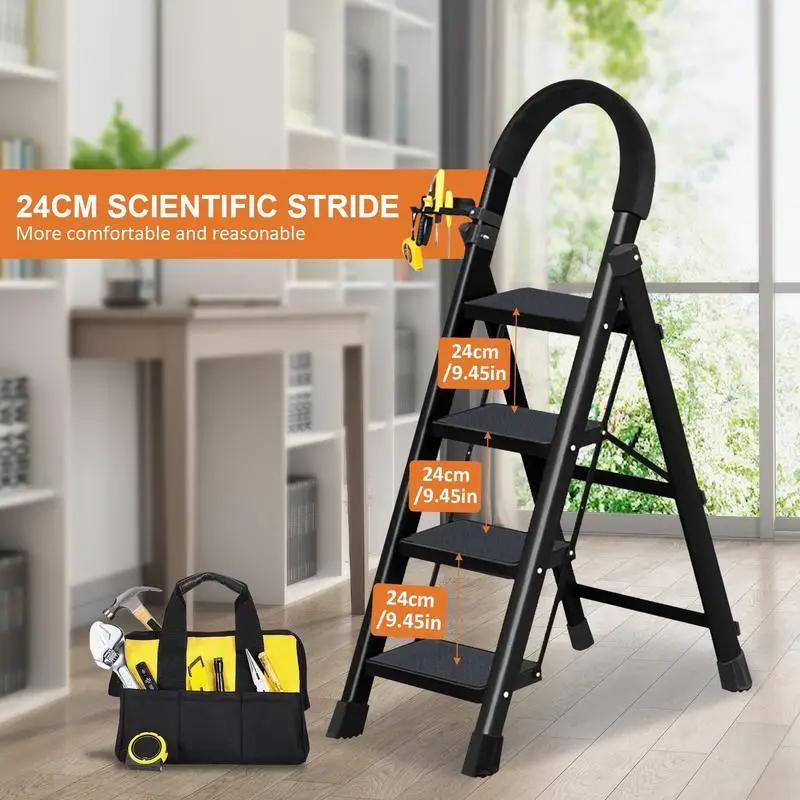 Step Ladders for Home 4 Steps Foldable Iron Frame Step Stool Heavy Duty Anti Slip Triangular Structure Stool Ladder with Soft