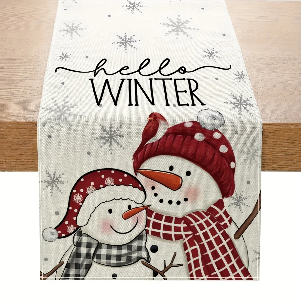 Hello Winter Christmas Snowman Linen Table Runner Party Decor Reusable Xmas Tree Snowflakes Table Runners Christmas Decorations