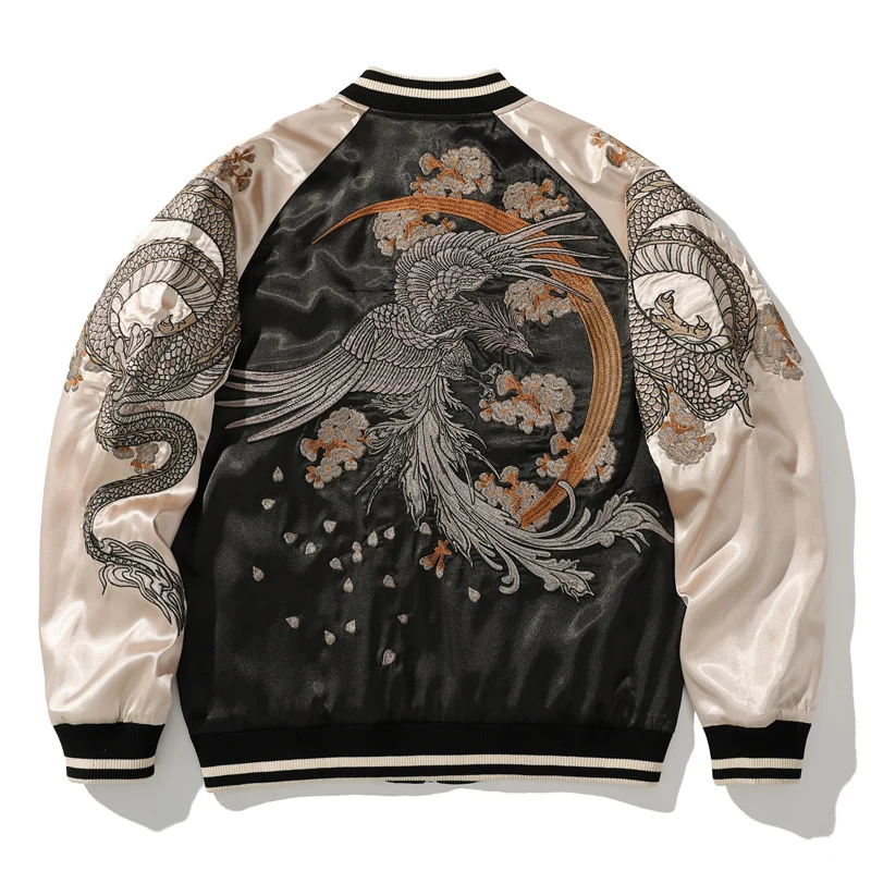 

Heavy Embroidery Baseball Jaet Casual Outerwear for Men And Women Dragon And Phoenix Pattern Stand Fit Autumn Winter Coat