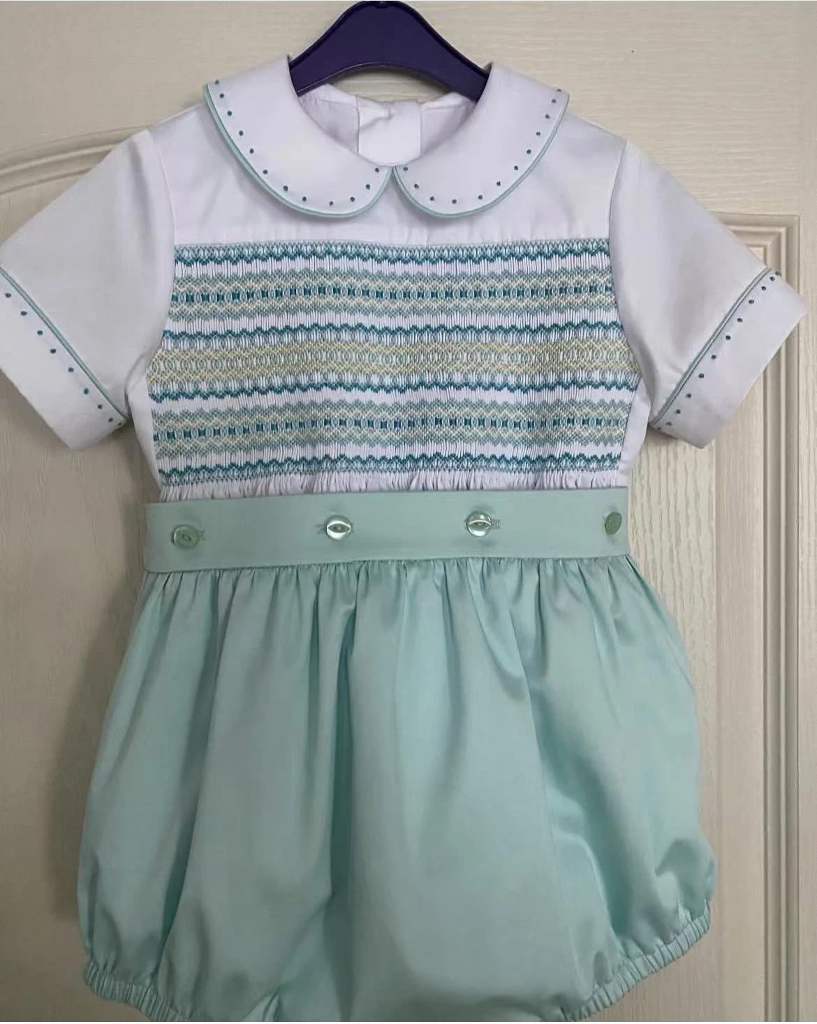 0-6Y Baby Boy Summer Short Sleeves Green Handmade Embroidery Smocked Outfit Suit for Party Birthday Holiday A114