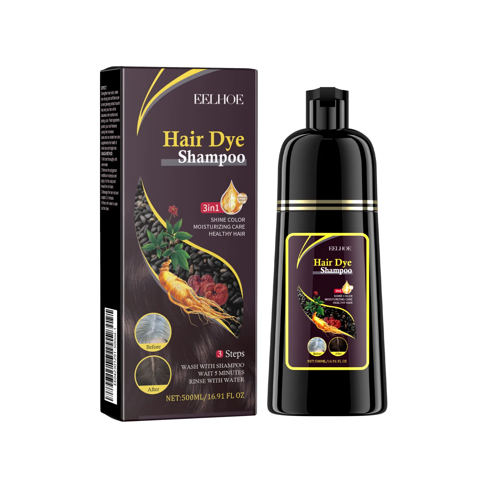 EELHOE Zwarte Haarverf Shampoo 3-in-1 Groei Schoon Haar Verduistering Diep Voedende Zwarte Haarverf Shampoo Natuurlijke Biologische Kruiden