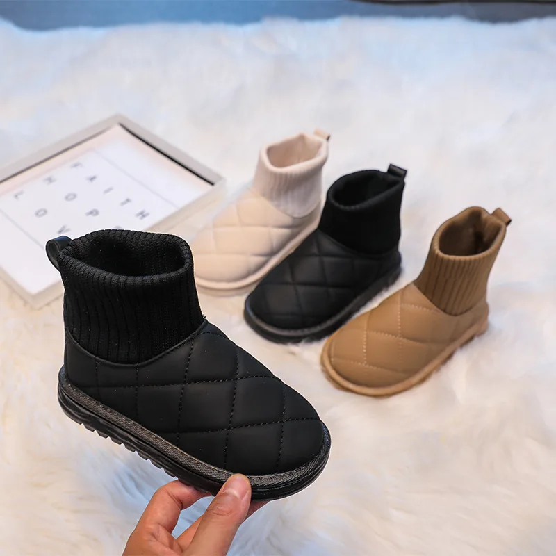 Children's Snow Boots 2-18 Years Old Khaki Padded Thickened Boys Girls Cotton Shoes Winter Black Soft Non-slip Kids Sock Boots