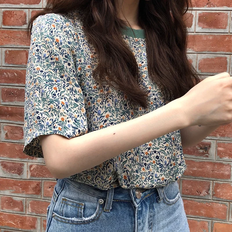 Damen Vintage Bluse mit Blumenmuster, Kurzarm, Lässiges Grünes Patchwork-Sommer-Oberteil – Detail 1