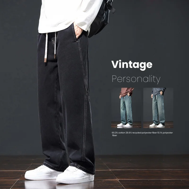 

Drawstring Vintage Jeans Men's Autumn New Casual Trousers Comfortable Straight Loose Fashion Wide Legs Denim Trousers
