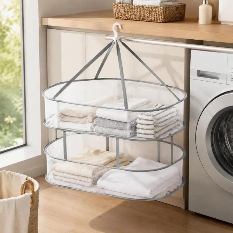 Folding Hanging Drying Rack with Two Openwork Levels, Raised Edges, and Flat-Drying Space for Sweaters and Knitwear D2RD