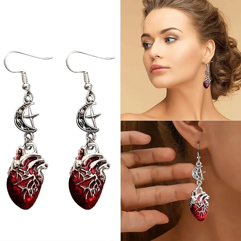 Dark Gothic Exaggerated Red Bleeding Heart Pendant Earrings for Ladies, Halloween Earrings, Party Cosplay, Decorative Earrings