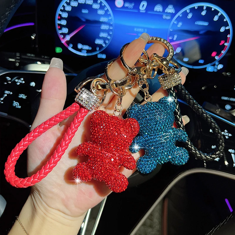 Diamond encrusted teddy bear keychain, cute woven rope, personalized car keychain, exquisite gift bag, pendant accessory