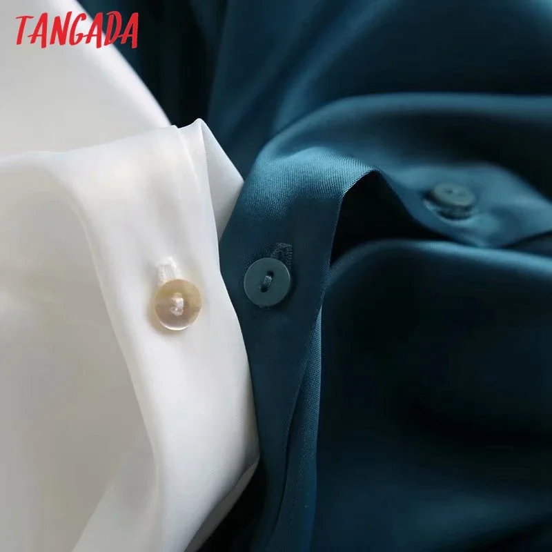 Tangada women solid satin shirts long sleeve solid turn down collar elegant office ladies high quality tops blouses 4C55