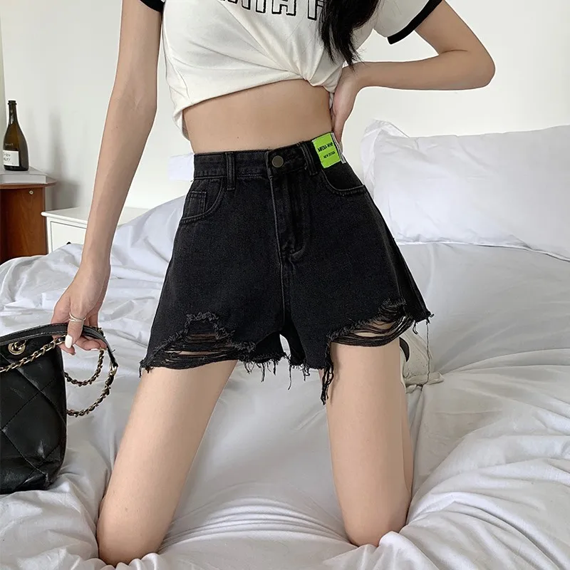 

Korean Sle High Waist Skinny Denim orts Women Summer Thin Hole A-Line Loose plus Size Wide Leg Hot Pants Trendy