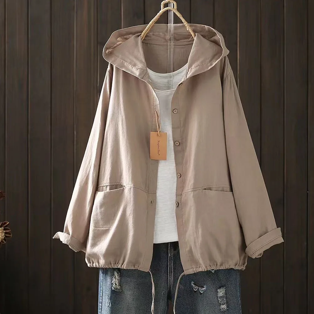 New Summer Cotton Long Sleeve Shirt Hooded Solid Tops Mori Girl Casual Loose Drawstring Fashion OL Blouse 2024 Autumn T47209QC