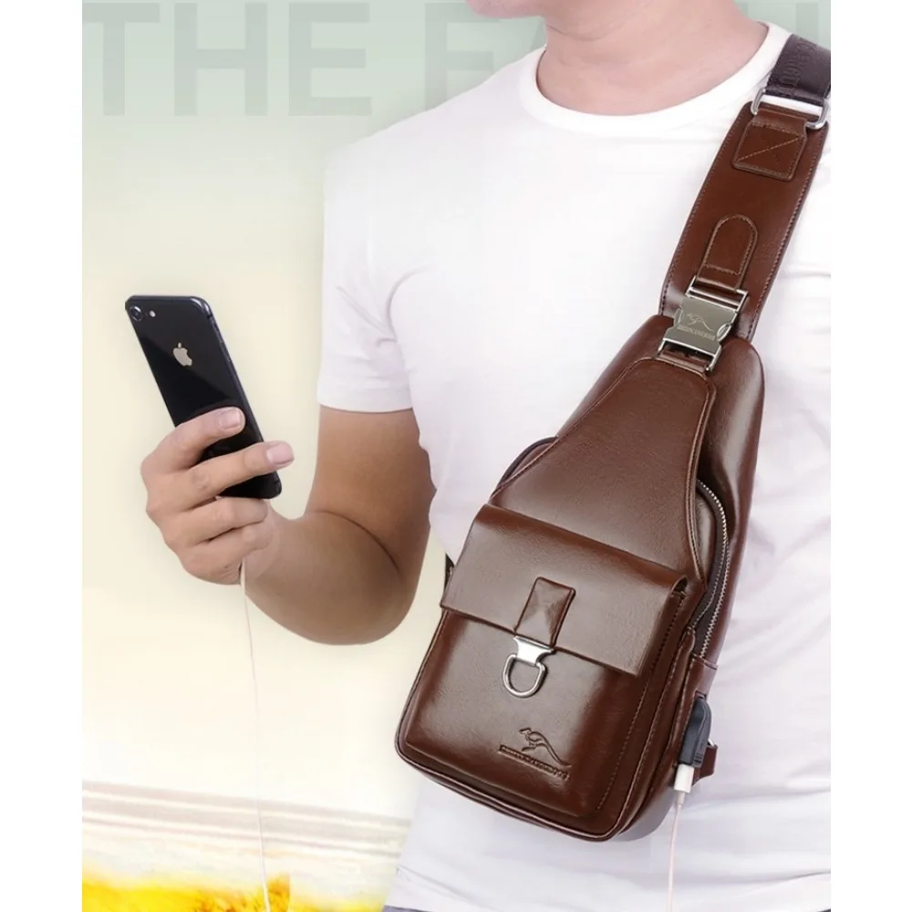 PU leather men's anti-theft lock clasp chest bag with large capacity and multiple pockets, travel load reduction crossbody bag