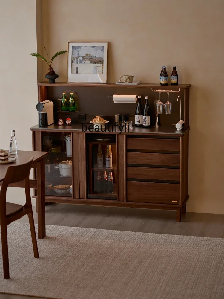 

Solid wood low dining side cabinet integrated against the wall large-capacity storage cabinet Black walnut wine cabinet