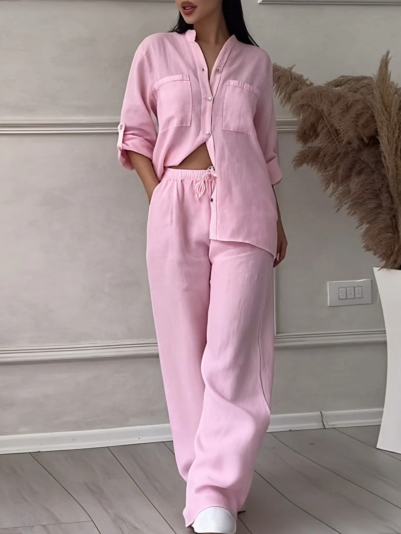 レディースカジュアル長袖ボタンフロントスタンドカラーレースアップパンツセットベーシックプレーンデイリーアウトフィット秋冬用