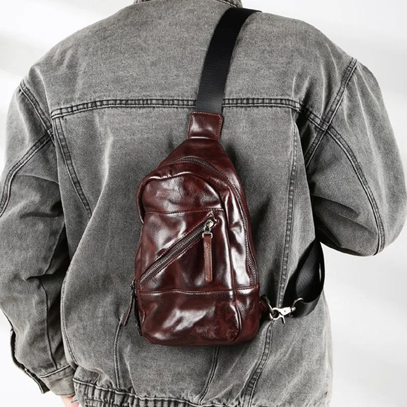 AETOO New genuine leather single-shoulder bag for men, top layer vegetable-tanned cowhide chest bag, simple small crossbody bag,