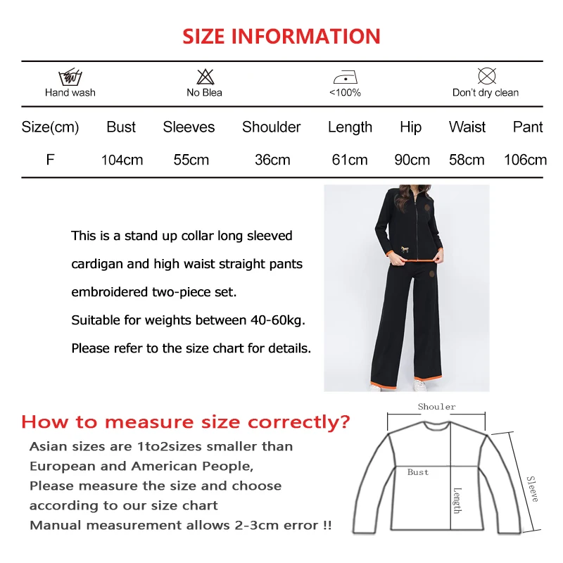 Women Autumn Embroidery Two-piece Set Stand Collar Long Sleeved Sweater Cardigan and High Waist Straight Pants Knit Casual Suit