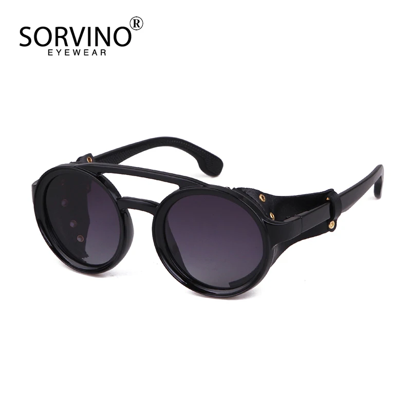 

SORVINO Classic PU Leather Frame Punk Sunglasses for Men Brand Design Steampunk Round Red Eyewear Women Rivet Button Sun Glasses