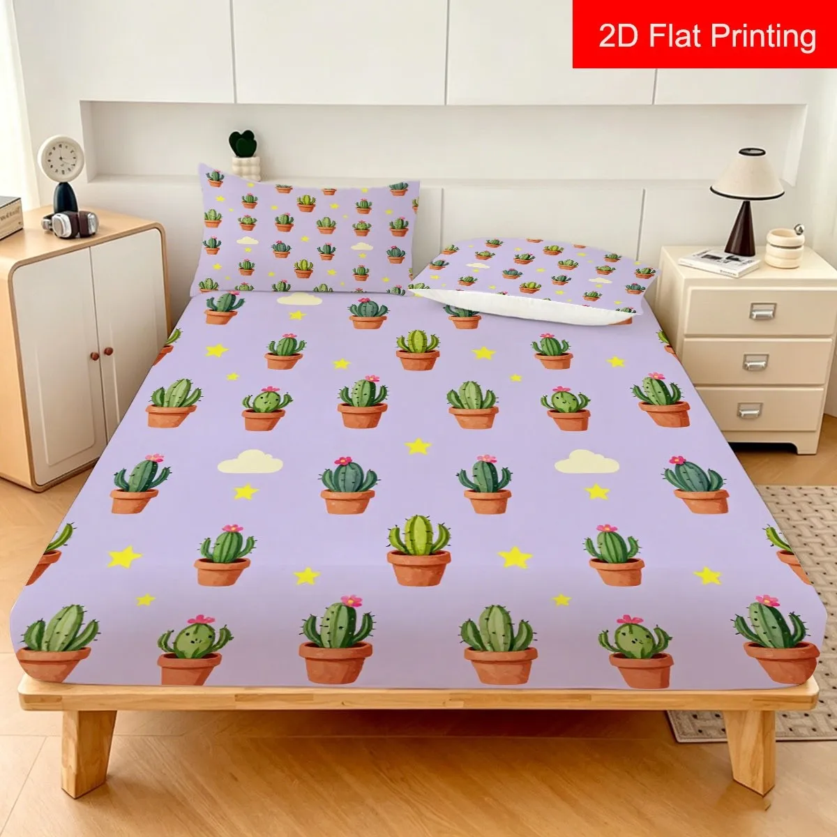 Cute and Whimsical Cactus and Nebula 2D Digital Print Three-Piece Bedding Set, Three-Piece Bedding Set (Including 1 Fitted Sheet + 2 Pillowcases), 3-Piece Set, Large Deep Pocket 2D Printed Fitted Sheet and 2 Pillowcases, Mattress Protector, Fitted Sheet Style, Protective Cover, Mattress Protector, Suitable for All Seasons, Machine Washable Design, Holiday Decoration, Various Sizes, Breathable Protective Cover Plus Pillowcase