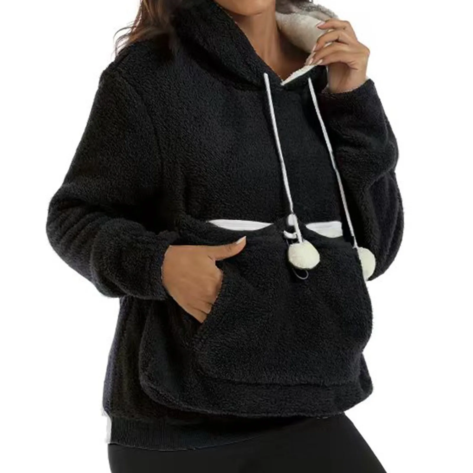 Autumn & Winter Thick Warm Large Pocket Hoodie Solid Color Pet Hooded Sweatshirt Loose Fit Plain Casual Pullover Tops Women