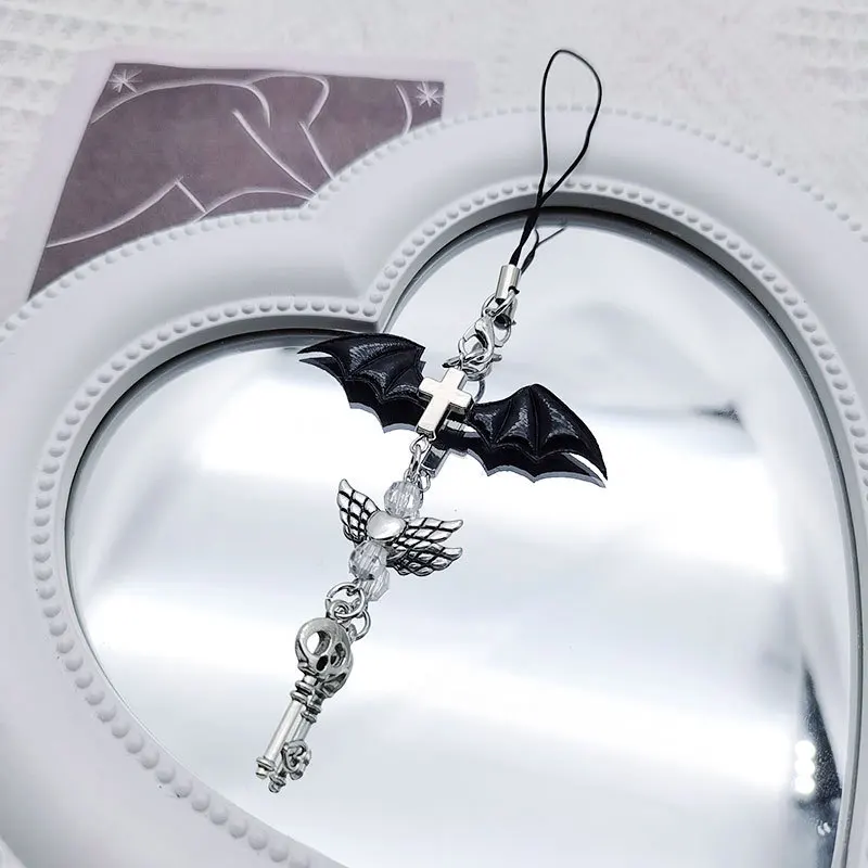 Y2K Mobile Phone Charm Strap Chain Keychain Cool Girl Gothic Dark Demon Bat Wings Skull Lanyard Pendant For iPhone For Samsung