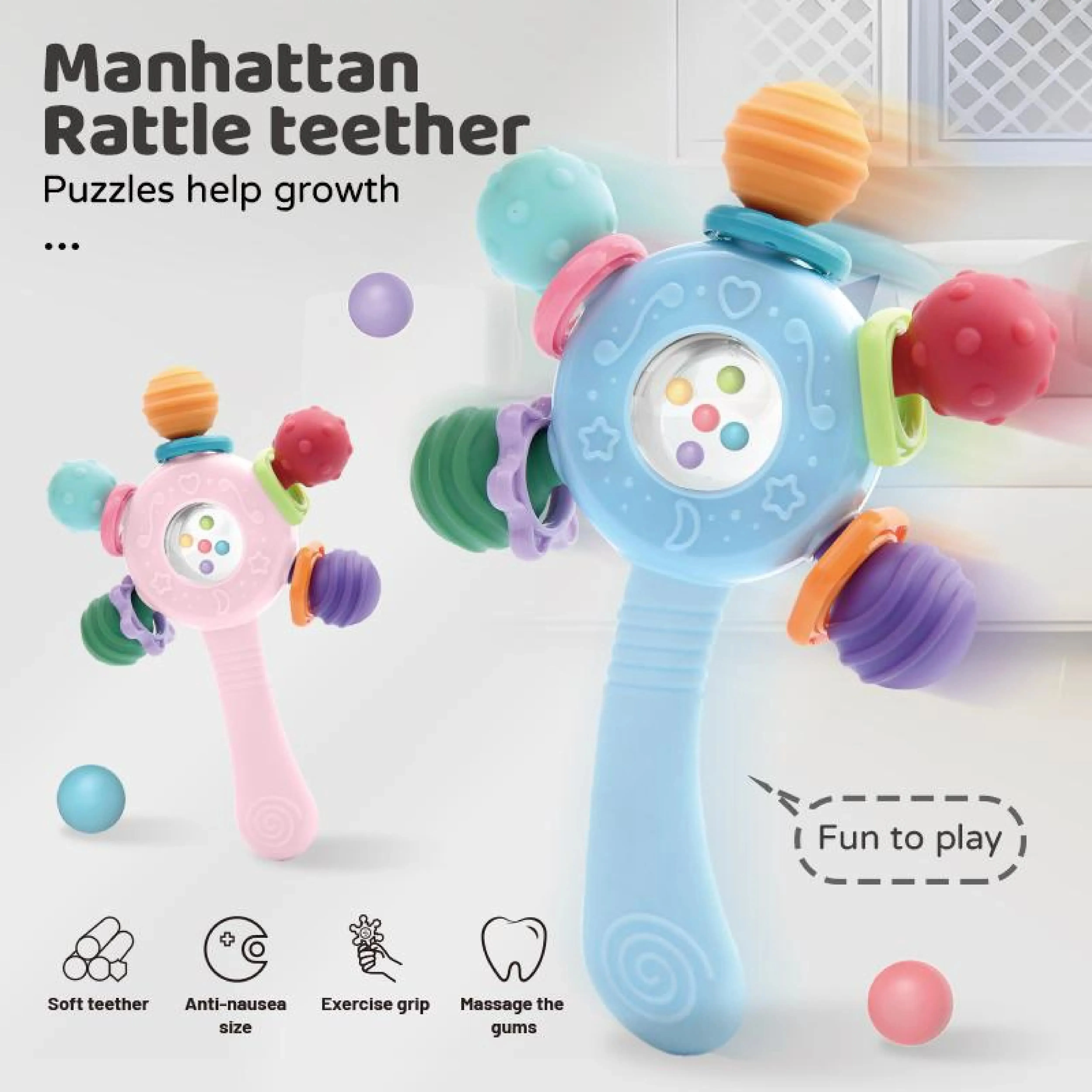 New Manhattan Teething Ball, Baby Grasp Training Sensory Toy,  Rotating Handheld Spinner, Soft Food-Grade Silicone Teether
