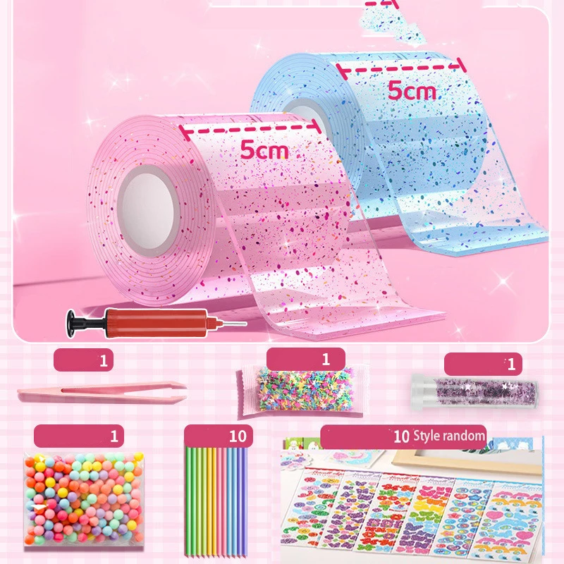 DIY Blow Bubble Nano Tape Komplettes Set aus PET Nano Kleber Kneten Musik Doppelseitiges Klebeband Dekompressionsspielzeug Aufkleber Geschenk