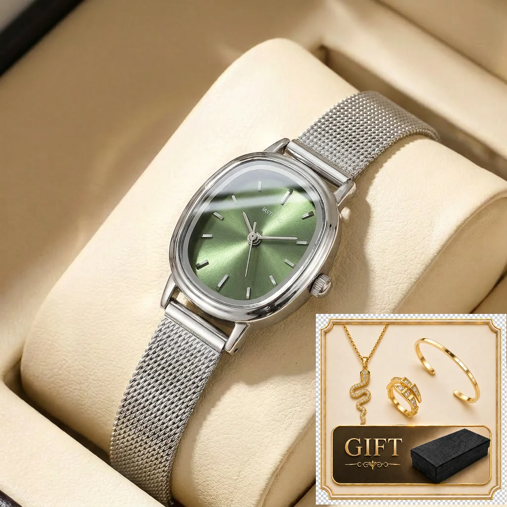 

4pcs gift box set Women's green dial alloy strap fashion jewelry details Quartz Watch Gift Box Set for party holiday