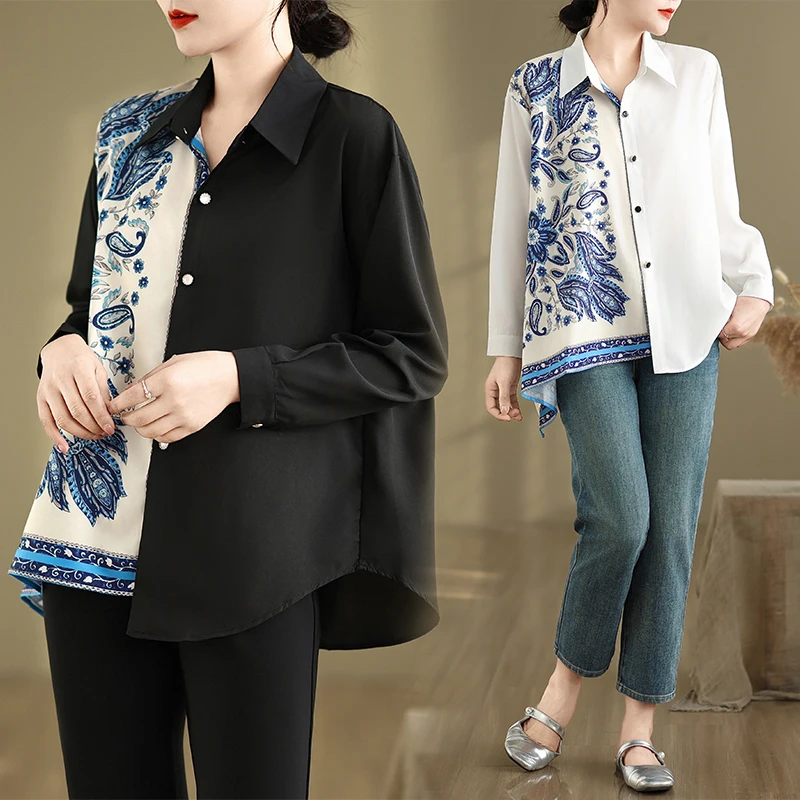 

Retro Print Long Sleeve Collar Shirt Spring New Style Versatile Patchwork Blouse Straight Cut Regular Sleeve Length Polyester...