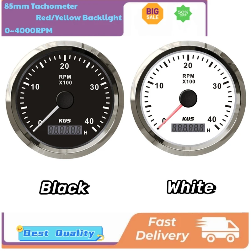 

KUS 85mm Tachometers 0-4000RPM Show Revolution Meters Rev Counters with Yellow / Red Backlight for Auto Truck Motorcycle Boat