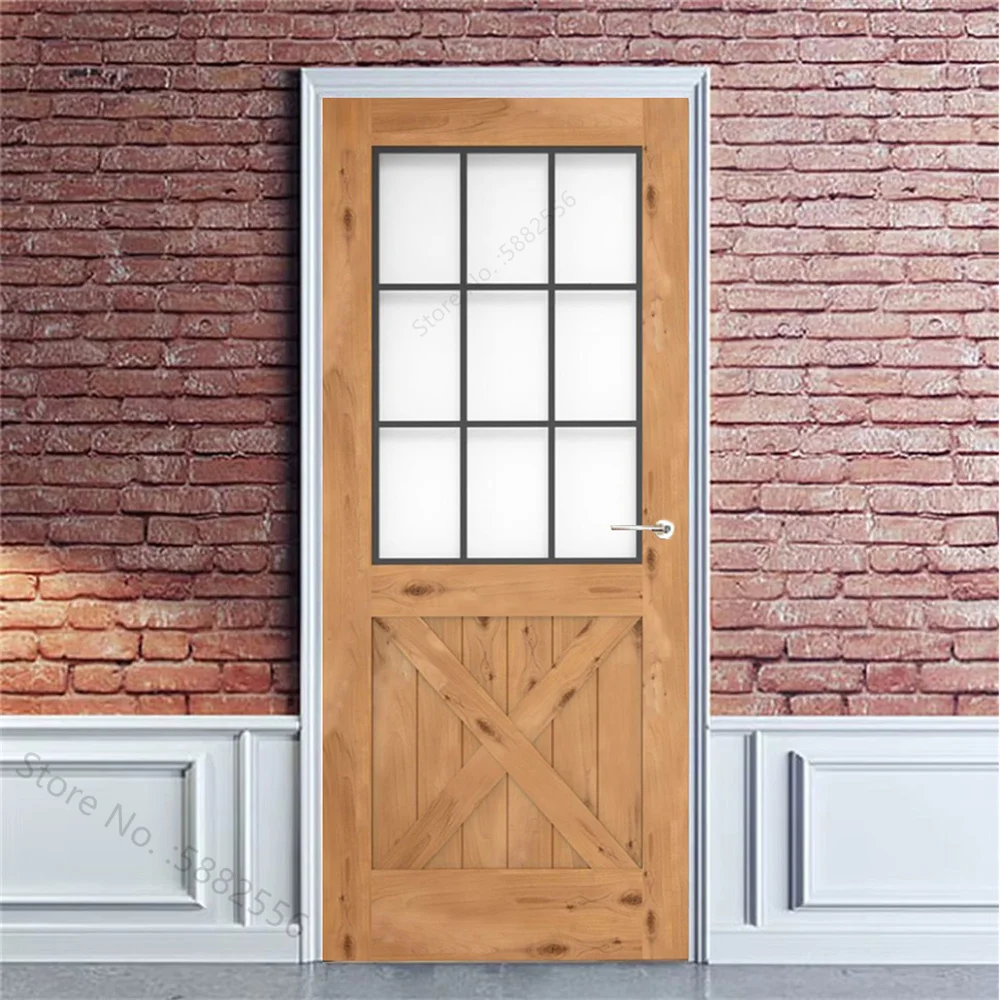 Simulated Iron Gate Wood Grain Door Stickers Modern Damper Stickers Wallpaper Decoration Family Room Door Wallpaper Decoration